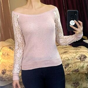 Balletcore Blush Pink Top with White Lace Sleeves